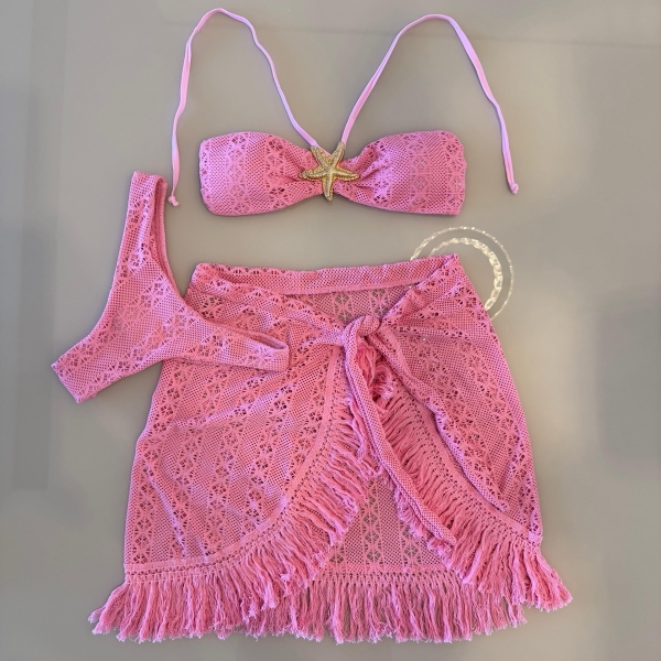 Conjunto De Biquini 3 Peças Em Renda + Saia Com Franja - Rosa