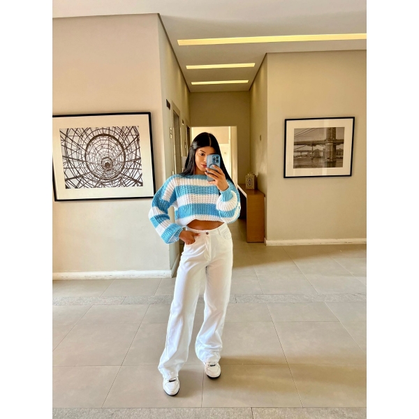Cropedd De Tricot Ponto Grosso Listrado - Azul e Branco