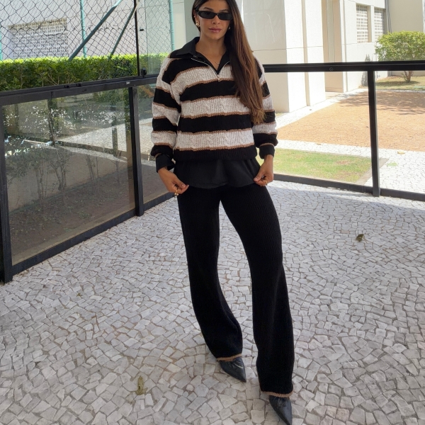 Conjunto Tricot Feminino Blusa Polo Listrada Zíper e Calça - Preto