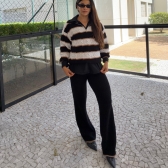 Conjunto Tricot Feminino Blusa Polo Listrada Zíper e Calça - Preto