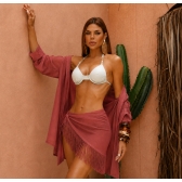 Conj Saída De Praia Chemise Manga Longa E Saia Franja Resort - Terra