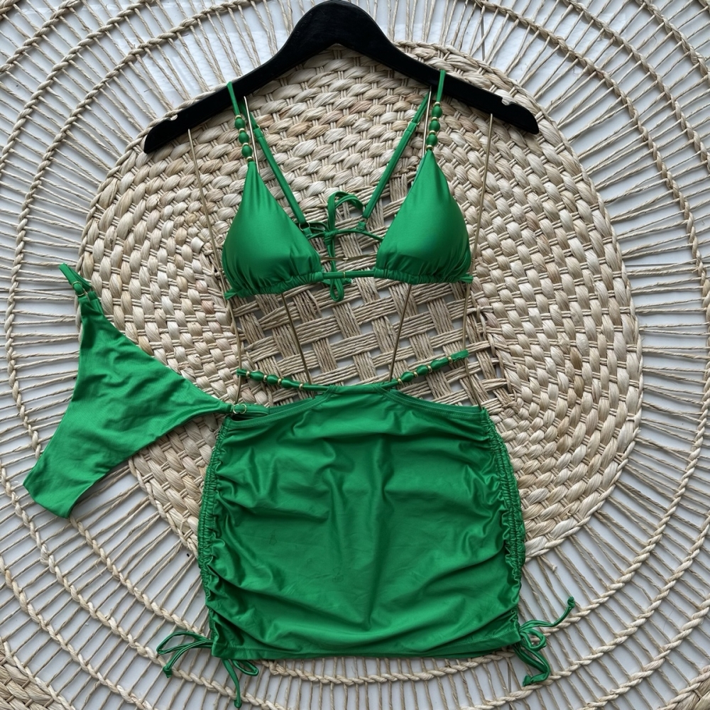 Kit 3 Itens Biquíni Com Alças Decorativas E Saia - Verde