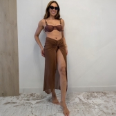 Kit Biquini Com Detalhe e Saia Pareô Transparente Cruzada - Marrom