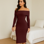 Vestido Modal Canelado Ombro a Ombro Midi com Manga Longa - Vinho