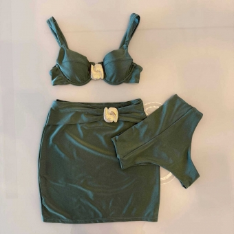 Trio De Biquíni Cintura Alta Saia E Top Com Detalhe Dourado