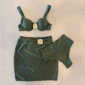 Trio De Biquíni Cintura Alta Saia E Top Com Detalhe Dourado - Verde