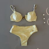 Biquíni Meia Taça Cintura Alta Com Pedraria Nas Alças - Amarelo Manteiga