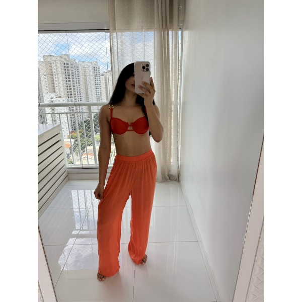 Blusa E Calça Em Tecido Leve  Saída De Praia Lisa - Laranja