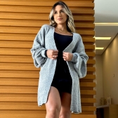 Novo Cardigan Tricot Mousse Liso Básico - Cinza