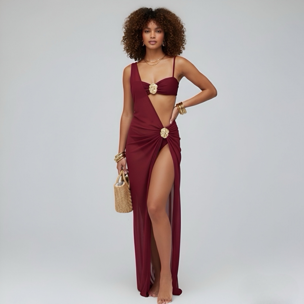 Kit Biquíni E Saída De Praia Vestido De Tule - Vinho