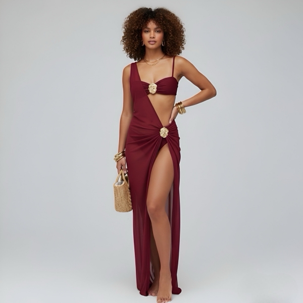 Kit Biquíni E Saída De Praia Vestido De Tule - Vinho