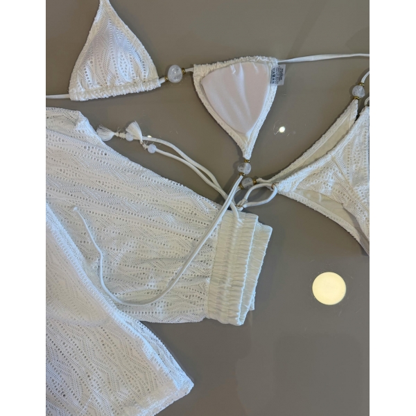 Conjunto Triquíni Cortininha Com Calça Pantalona 3 Peças - Branco