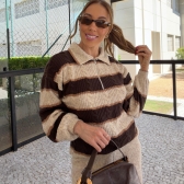 Conjunto Tricot Feminino Blusa Polo Listrada Zíper e Calça - Areia