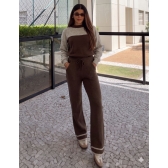 Conjunto Bicolor Tricot Inverno Blusa E Calça Pantalona - Café Com Mescla