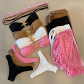 Conjunto De Biquini 3 Peças Em Renda + Saia Com Franja - Rosa
