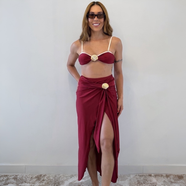 Kit 3 Itens Biquíni Bicolor Com Detalhe Concha Dourada Luxo - Vinho e Branco