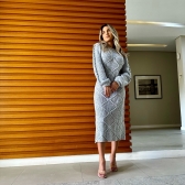 Vestido De Tricot Mousse Midi Forma Geométrica Corrente Nas Mangas - Cinza claro