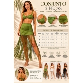 Triquini Saia Franja Longa Top E Calcinha Com Pedraria - Verde