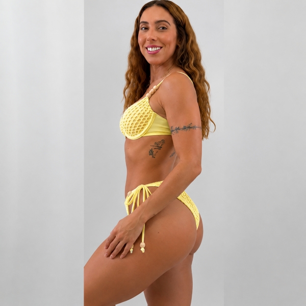 Biquíni Meia Taça Trama Rendada E Calcinha De Amarrar - Amarelo