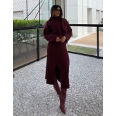 Conjunto Tricot Blusa com Cachecol Fixo Saia Midi com Fenda - vinho