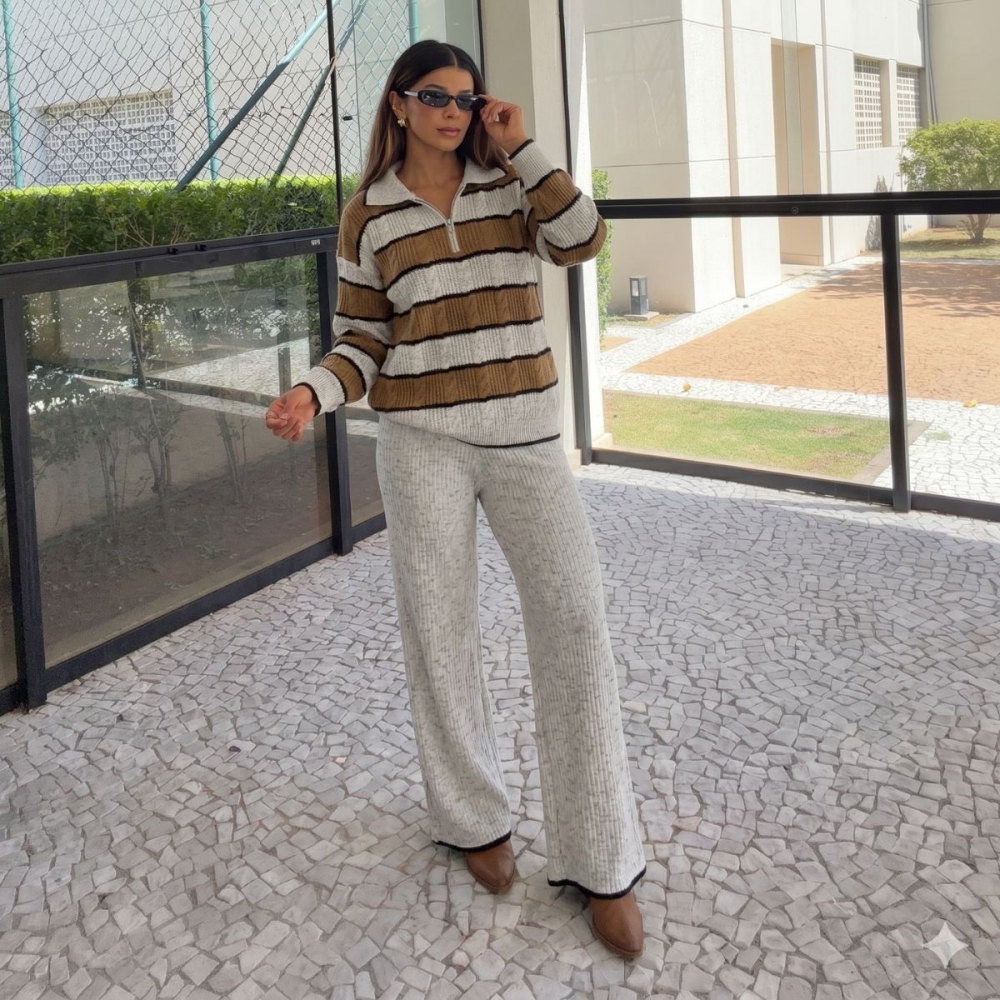 Conjunto Tricot Feminino Blusa Polo Listrada Zíper e Calça - Mescla