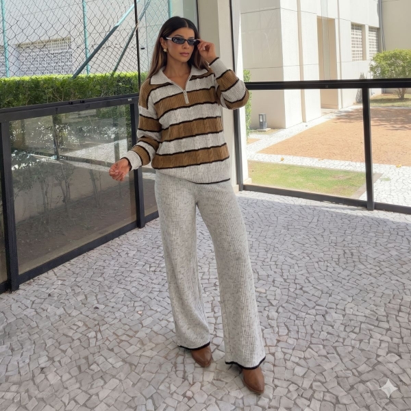 Conjunto Tricot Feminino Blusa Polo Listrada Zíper e Calça - Mescla