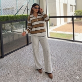 Conjunto Tricot Feminino Blusa Polo Listrada Zíper e Calça - Mescla