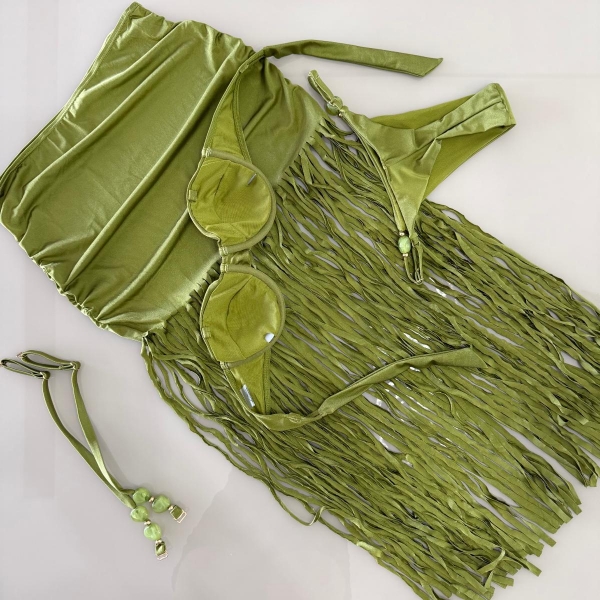 Triquini Saia Franja Longa Top E Calcinha Com Pedraria - Verde