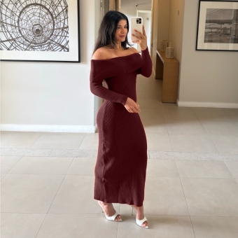 Vestido Modal Canelado Ombro a Ombro Midi com Manga Longa