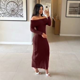 Vestido Modal Canelado Ombro a Ombro Midi com Manga Longa