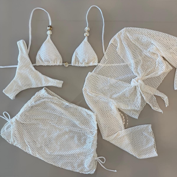 Kit 04 Peças Biquini De Renda Calcinha Asa Delta E Fio Duplo - Off White