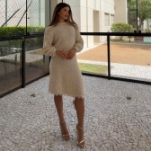 Vestido Tricot Mousse Feminino com Renda – Manga Longa - Bege