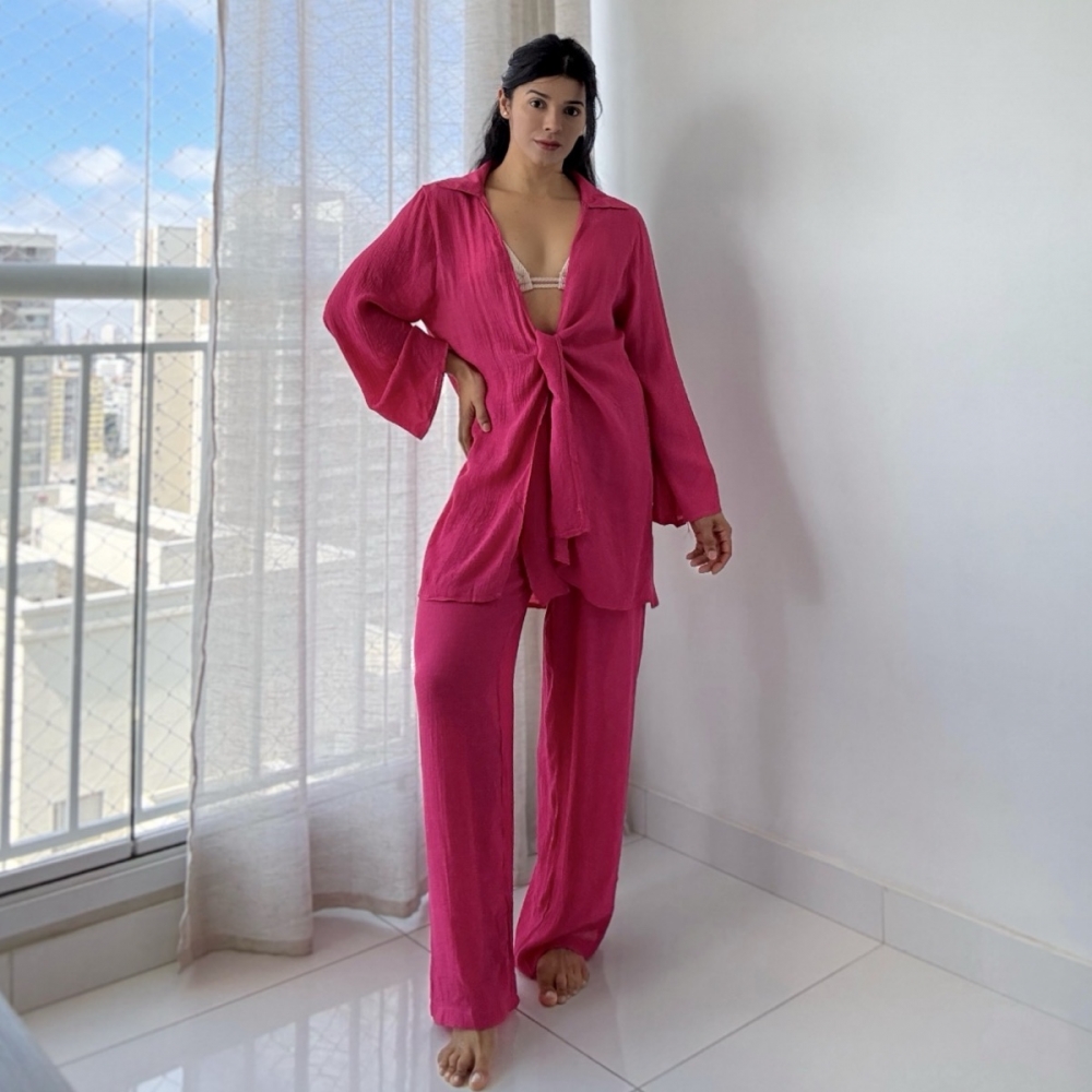 Blusa E Calça Em Tecido Leve  Saída De Praia Lisa - Pink