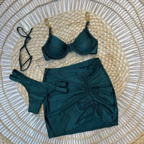 Kit 03 Itens Biquíni Corrente E Lisa Calcinha Com Tiras - Verde-escuro