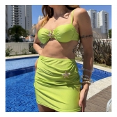 Kit 3 Pçs Biquíni Estrela Dourada E Calcinha Asa Delta e Saia - Verde Lima