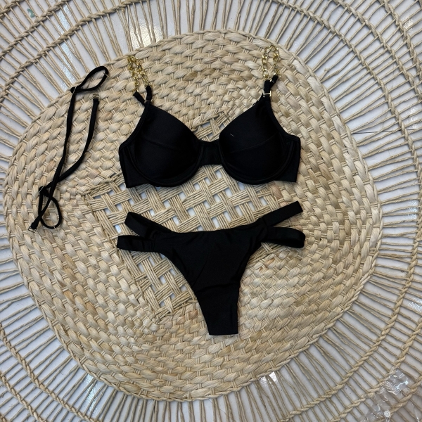 Kit 03 Itens Biquíni Corrente E Lisa Calcinha Com Tiras - Preto