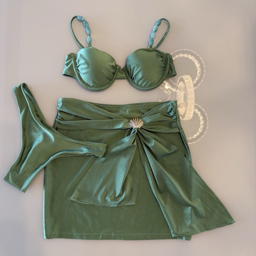 Trijunto Biquíni Asa Delta Detalhes Nas Alças Concha Na Saia - Verde