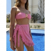 Conjunto De Biquini 3 Peças Em Renda + Saia Com Franja - Rosa