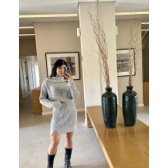 Conjunto Canelado Blusa Com Gola Boba e Saia - Cinza