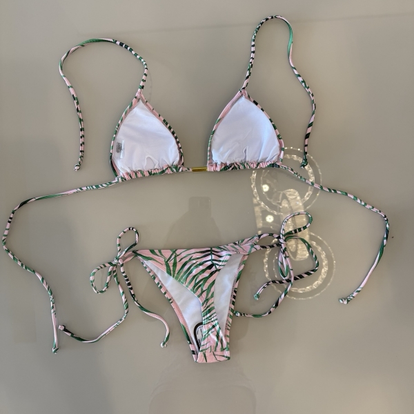 Biquini Cortininha E Calcinha Fio E C/amarrações Laterais - Rosa / Verde