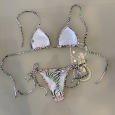 Biquini Cortininha E Calcinha Fio E C/amarrações Laterais - Rosa / Verde