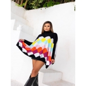 Poncho Feminino Tricot Colorido Estilo Oversized Gola Alta - Multicolorido