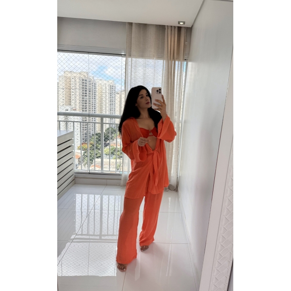 Blusa E Calça Em Tecido Leve  Saída De Praia Lisa - Laranja