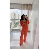 Blusa E Calça Em Tecido Leve  Saída De Praia Lisa - Laranja