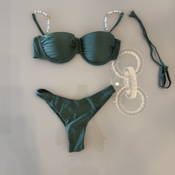 Kit 3 Pçs Biquíni Feminino + Pareô Alças Removíveis Pérolas - Verde Militar