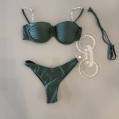 Kit 3 Pçs Biquíni Feminino + Pareô Alças Removíveis Pérolas - Verde Militar