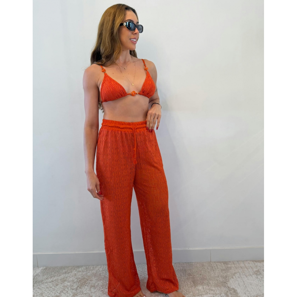 Conjunto Triquíni Cortininha Com Calça Pantalona 3 Peças - Laranja-escuro