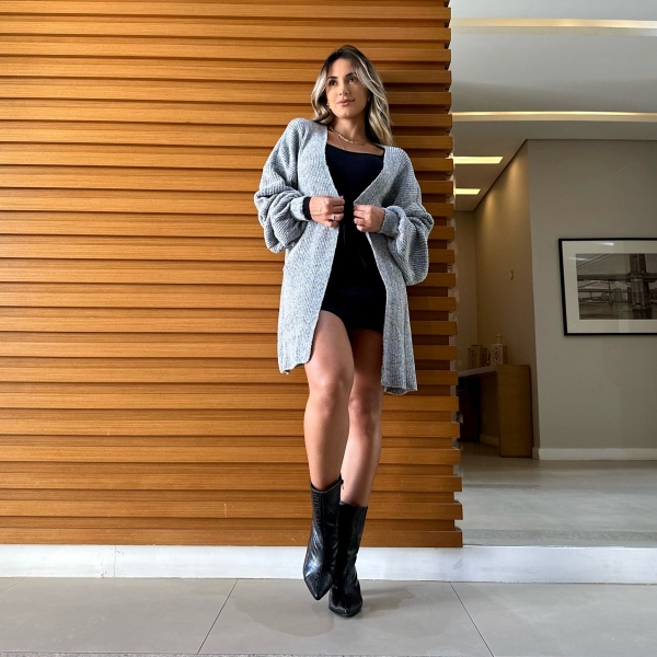 Novo Cardigan Tricot Mousse Liso Básico - Cinza