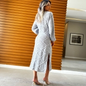 Vestido De Tricot Mousse Midi Forma Geométrica Corrente Nas Mangas - Cinza claro