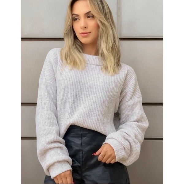 Blusa Cropped Mousse Feminina Elly Modas Manga Longa Inverno - Mescla